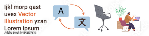 Language learning, translation services, remote work, workspace setup, digital communication, education. Speech bubbles with language symbols, person at desk. Translation and remote work concept
