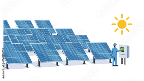 Flat illustration of a solar panel field with angled blue panels, technician checking inverter box