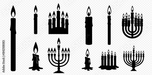 Set of various black silhouette candles and menorahs with flames, isolated on a transparent background.