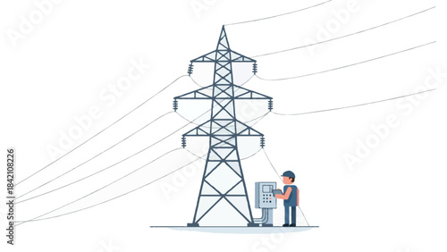 Flat illustration of an electrical power transmission tower with high-voltage lines