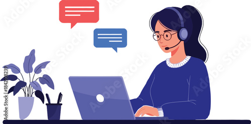 Young woman wearing headset working on laptop with chat bubbles above her head