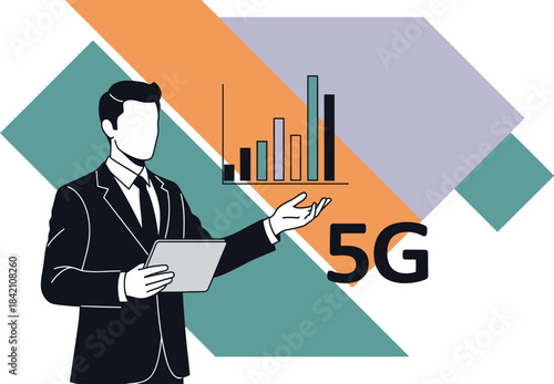 Business professional presenting data analysis and 5g technology with a digital display