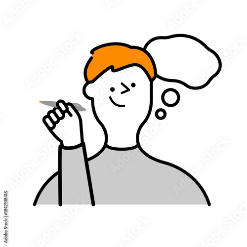 ペンを片手に持ち、考え事や計画を立てる笑顔の男性のイラスト