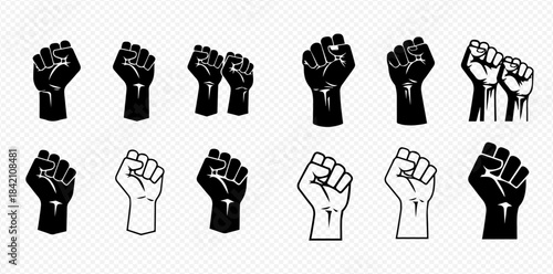 Set of diverse raised clenched fists symbolizing power, protest, unity, and solidarity.