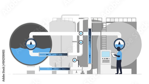 Flat illustration of a water treatment plant with large circular tanks