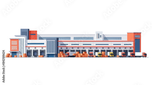 Detailed flat style logistics warehouse with loading docks, storage units, large facade, minimal shadows, clean geometric shapes, no outline, isolated on white background
