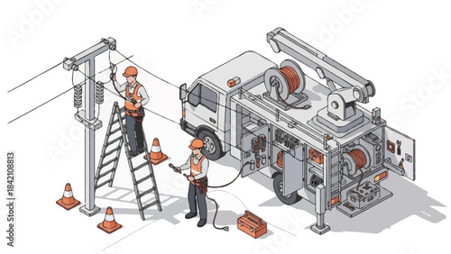 isometric illustration of utility workers servicing power lines