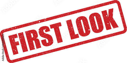 Vibrant red grunge stamp featuring FIRST LOOK text positioned diagonally across a clean digital page