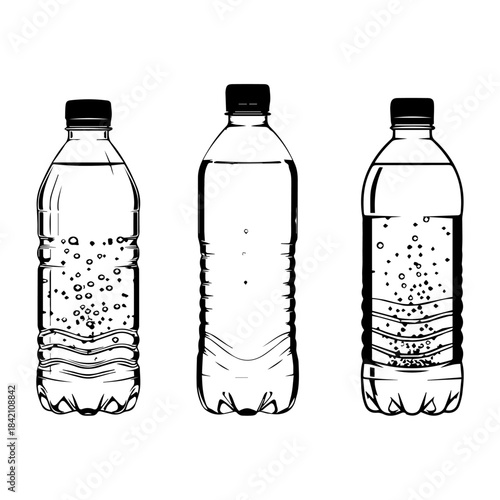 Clear plastic water bottle with bubbles icons set
