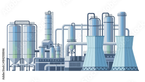 Detailed flat style chemical processing plant, storage silos, pipelines, cooling towers, clean industrial shapes, subtle gradients, no outline, isolated on pure white background