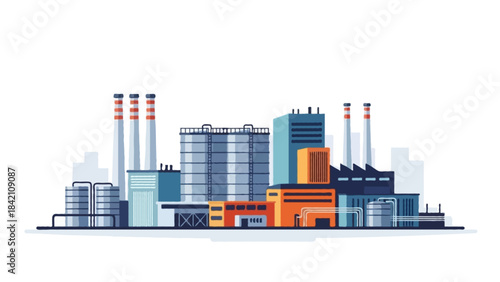Detailed flat style illustration of a modern industrial factory with tall chimneys, metal tanks, rectangular buildings