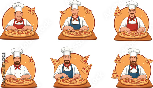 Cartoon professional chefs preparing delicious pizzas with floating slices, culinary illustration of pizza makers in uniform for restaurant and food industry design