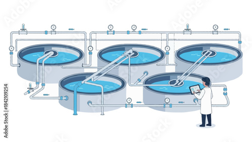 Flat illustration of a water treatment plant with large circular tanks