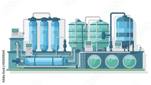Detailed flat illustration of a water treatment plant, filtration tanks, pipelines, control modules, environmental color scheme, no outline, soft shadows, isolated on white