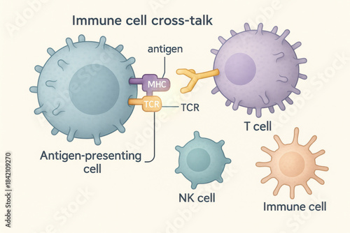 Immunology biology diagram showing immune cell cross talk. An antigen presenting cell interaction with T cell part of complex and responsive human immune system
