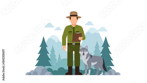 A faceless wildlife ranger in green forest uniform holding a clipboard while a grey wolf stands calmly beside him