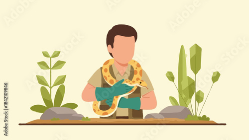 Flat cartoon faceless reptile keeper holding a gentle snake around their arm