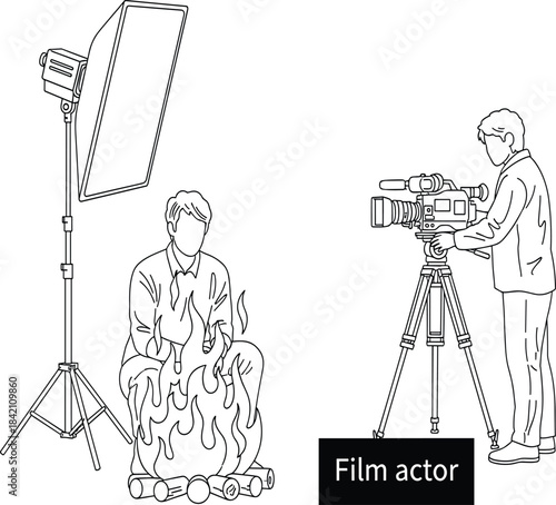 Black and White Line Art Vector Illustration of a Film Actor Sitting by a Campfire During a Movie Production Shoot with a Cameraman and Lighting Equipment