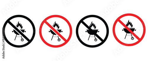 "No Fire and Grill Prohibition Sign Set – Barbecue, Charcoal Grill and Open Flame Ban Icons in Vector Silhouette"