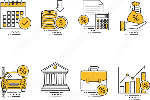 Set of Modern Yellow and Black Line Vector Icons for Finance, Banking, Investment, Taxation, and Business Including Calendar, Loan, and Growth Graphics