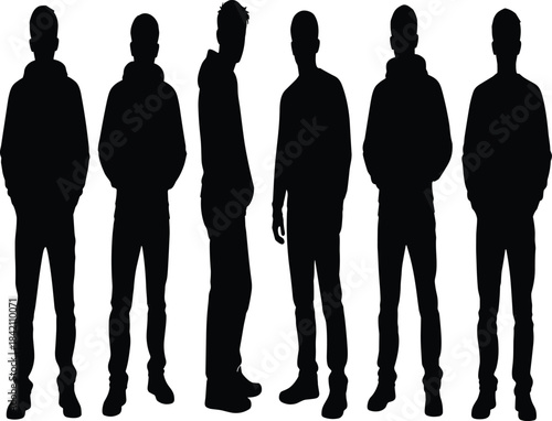 Silhouettes of casual male figures standing in relaxed poses, highlighting hoodie and jeans outlines in various stances