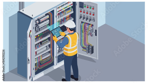 Isometric illustration of an industrial maintenance technician inspecting a large electrical control panel
