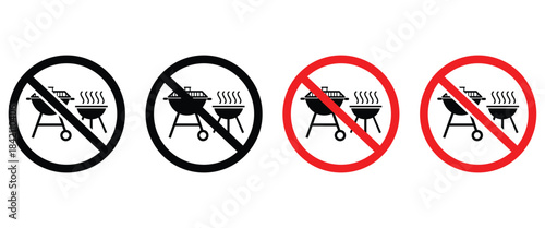 "No Fire and Grill Prohibition Sign Set – Barbecue, Charcoal Grill and Open Flame Ban Icons in Vector Silhouette"