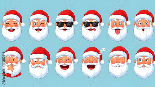 Collection of various cartoon santa claus faces with different emotions and expressions