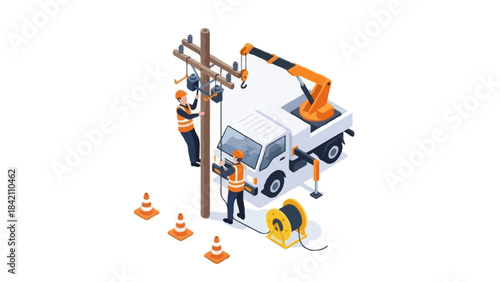 Isometric illustration of electrical line workers installing power cables on utility pole with fast service vehicle and equipment on white background