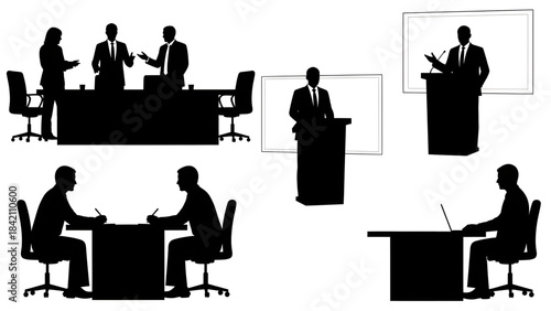 Silhouettes of business people in various meeting and presentation settings