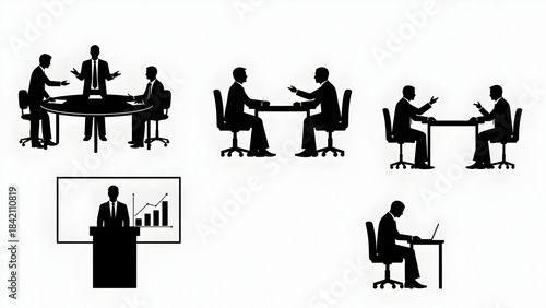 Black silhouettes of business people working at desks and meeting in office settings
