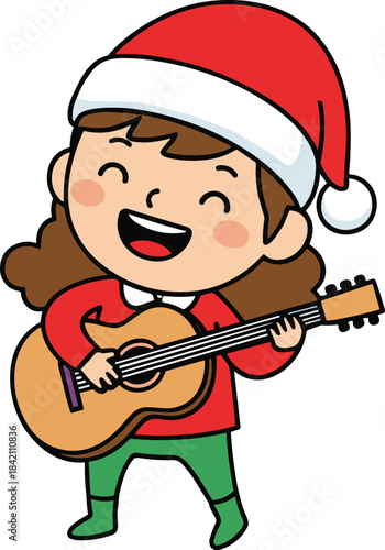Cute Christmas Girl Playing Guitar in Santa Hat Cartoon Music Vector Illustration