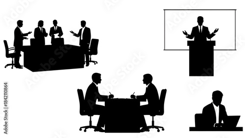 Silhouettes of business people in various meeting and presentation settings on