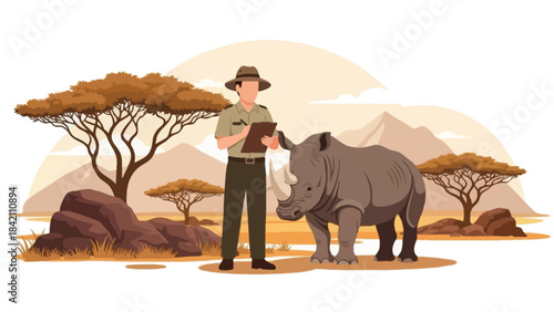 A faceless wildlife keeper writing on a clipboard while a rhino stands beside him