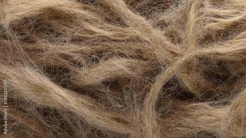 Obraz premium Close-up of fluffy woolen yarn with irregularly intertwined fibers,