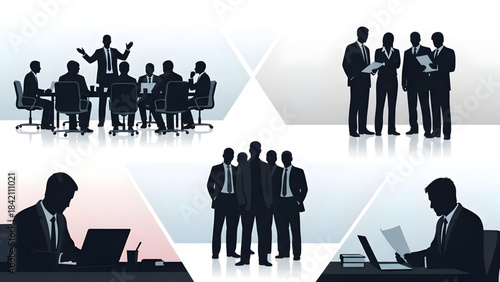 Business professionals working together in office settings with silhouettes