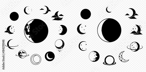 Set of black and white moon phases, celestial bodies, and planet illustrations on transparent background.