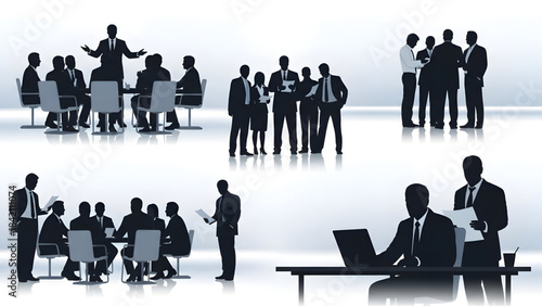 Silhouettes of business people in various office settings and interactions