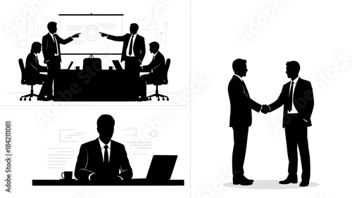 Silhouettes of businessmen in various office settings and interactions on