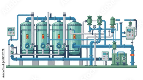 Detailed flat illustration of a water treatment plant, filtration tanks, pipelines, control modules, environmental color scheme, no outline, soft shadows, isolated on white