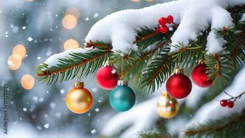 Colorful Christmas Ornaments Hanging on Snowy Pine Tree Branch with Red Berries