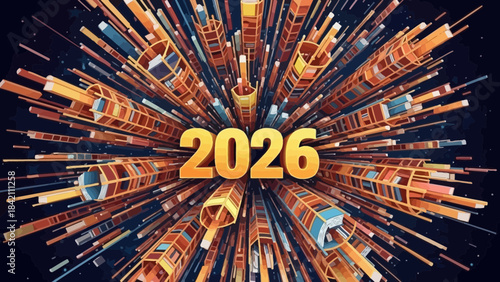 Vibrant collage of paintbrushes forming a dynamic explosion around 2026 in bold yellow