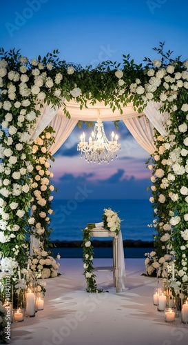 Elegant white rose wedding arch setup overlooking the ocean at dusk