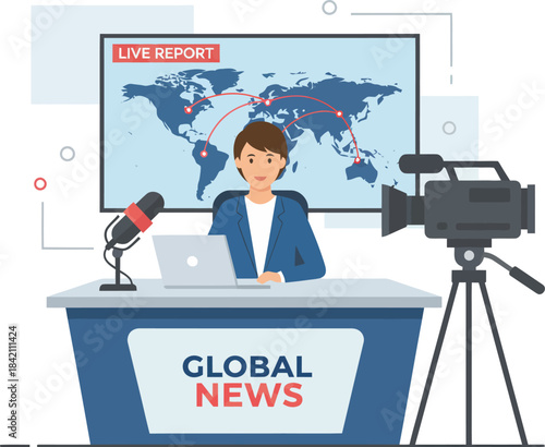 Global News Anchor Reporting in Modern Studio with World Map and Camera Setup