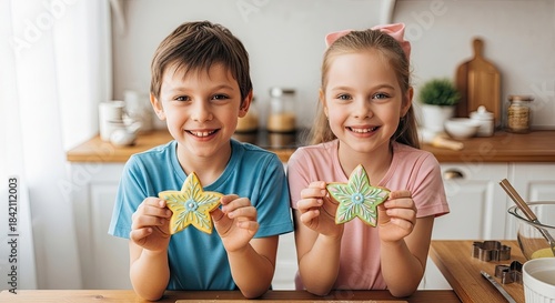 Children holding Easter cookies, celebrating holiday baking fun and joyful family moments