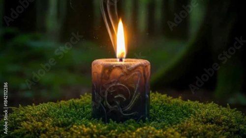 A beautifully crafted, textured candle flickers with a warm, steady flame, emitting gentle wisps of smoke against a deeply blurred, verdant forest background. The candle rests serenely on a vibrant be