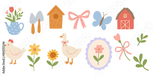Cute Farmhouse Spring Icon Set  Pastel Garden & Country Illustrations