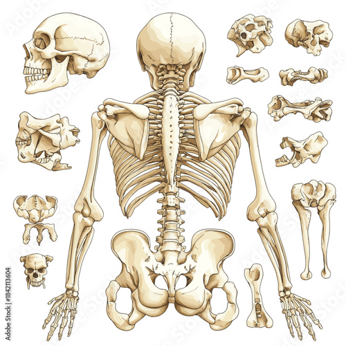 Human Skeleton Anatomy Detailed Illustration of Bones and Joints , vector style simple color