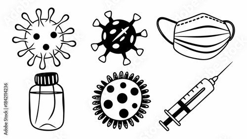 A vector set of hand drawn illustration icons featuring a collection of tools and symbols in black design