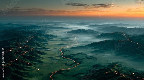 Aerial View of Serene Mountain Valley at Dawn